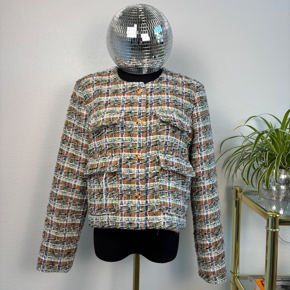 Anthropologie Autres Filles Colorful Tweed Cropped Jacket Plaid, Large, Parisian - Picture 2 of 16